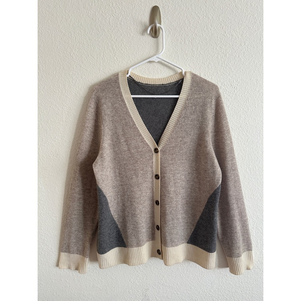 Banana Republic Tan Gray Colorblock V-Neck Cashmere Cardigan Sweater L Academia